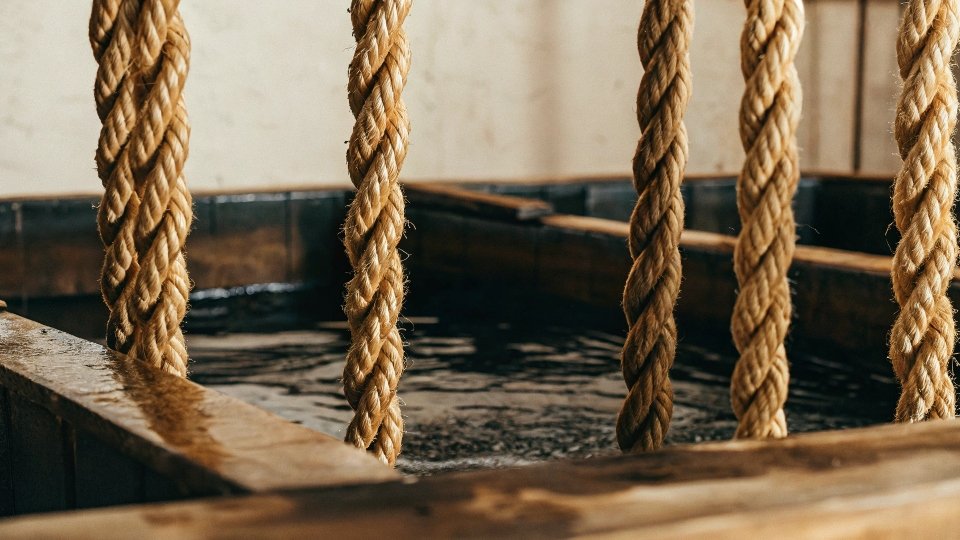 A dramatic shot of indigo rope dyeing, with thick ropes of cotton yarn being dipped into vats.