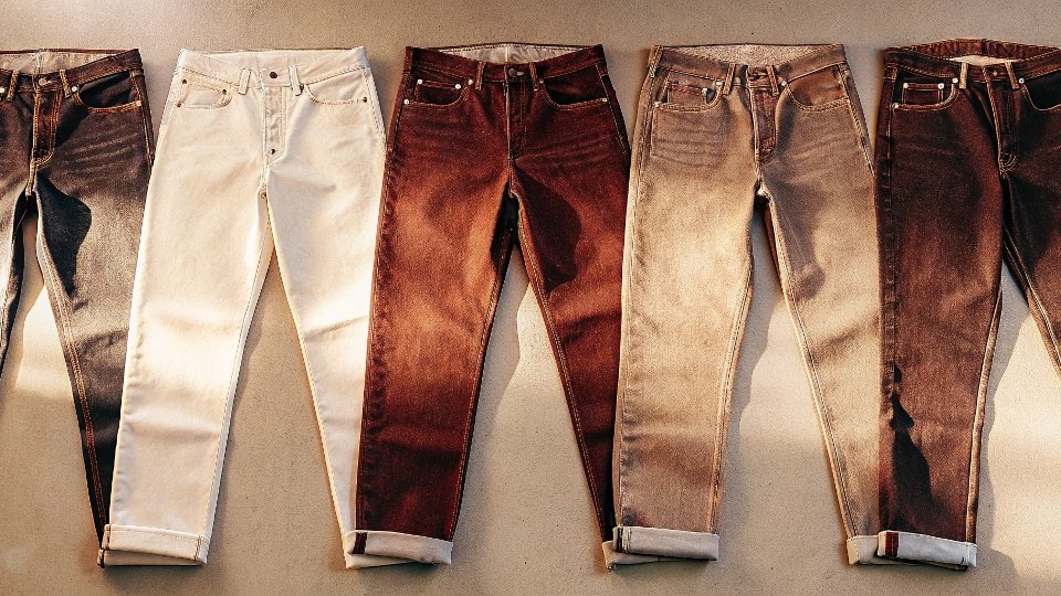 A collection of high-quality Japanese selvedge denim jeans on display.