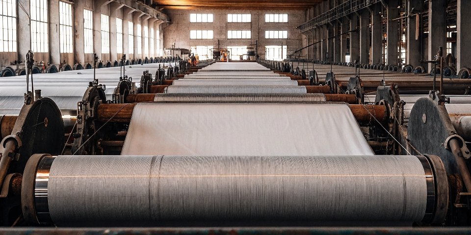 A massive textile mill with hundreds of looms weaving denim fabric in long, continuous rolls.