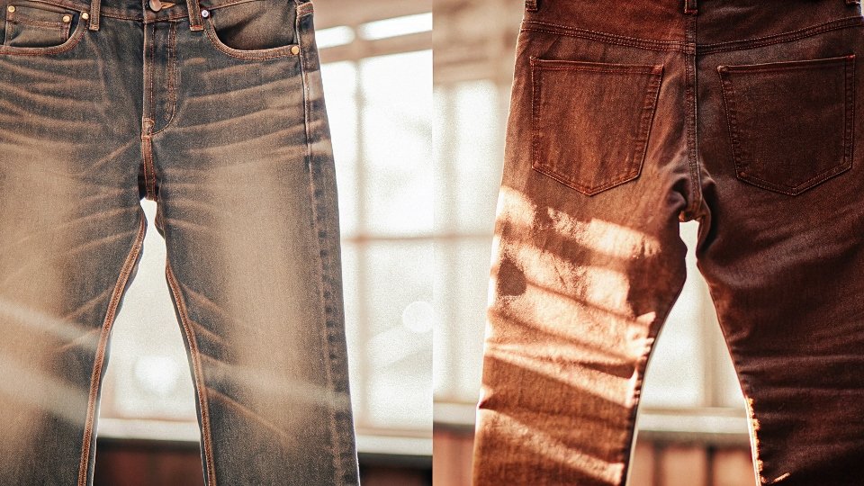 A side-by-side comparison showing the texture of regular denim on the left and the slubby, irregular texture of Japanese denim on the right.