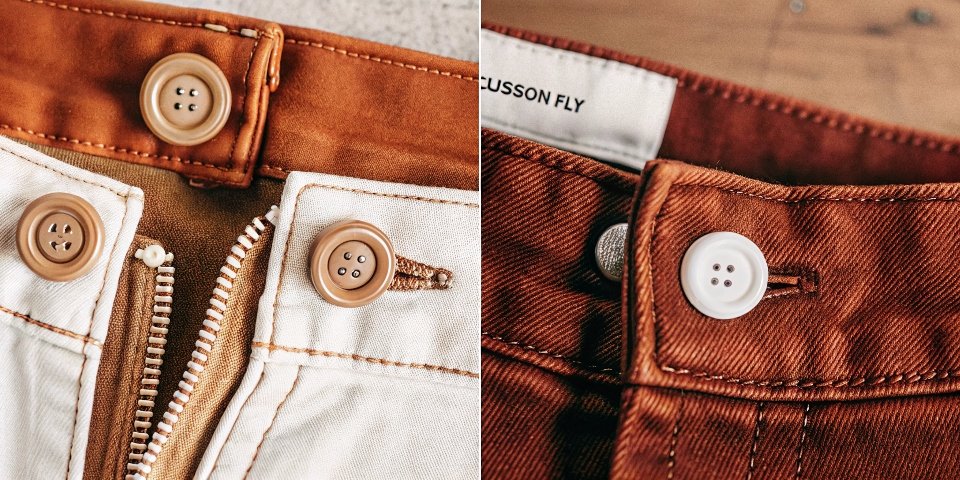 A side-by-side comparison image showing a classic button fly next to a modern zipper fly on two pairs of jeans.