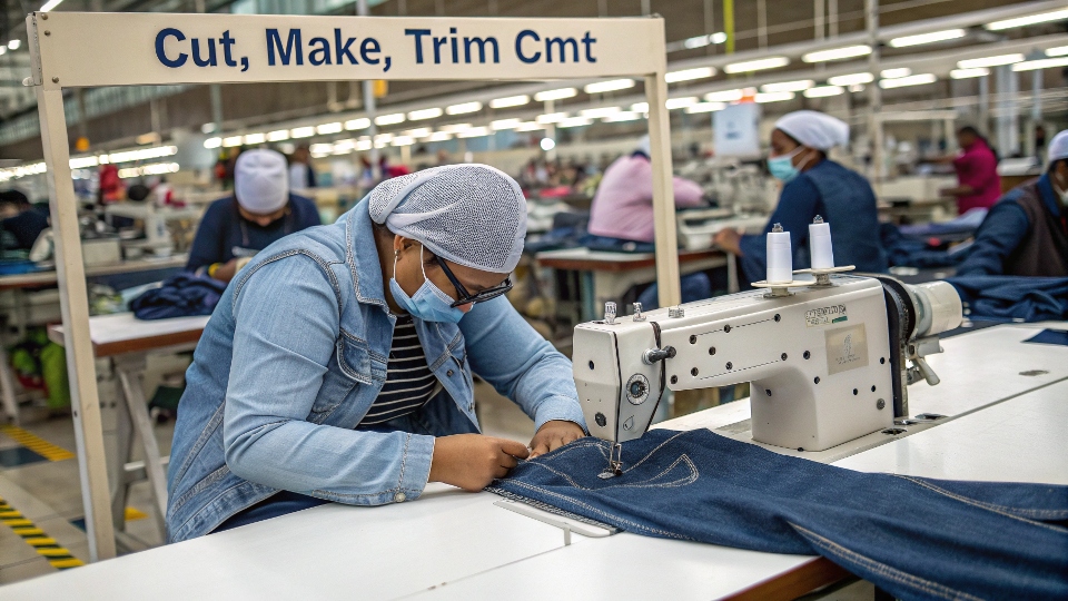 a factory worker sewing a pair of jeans on a sewing machine