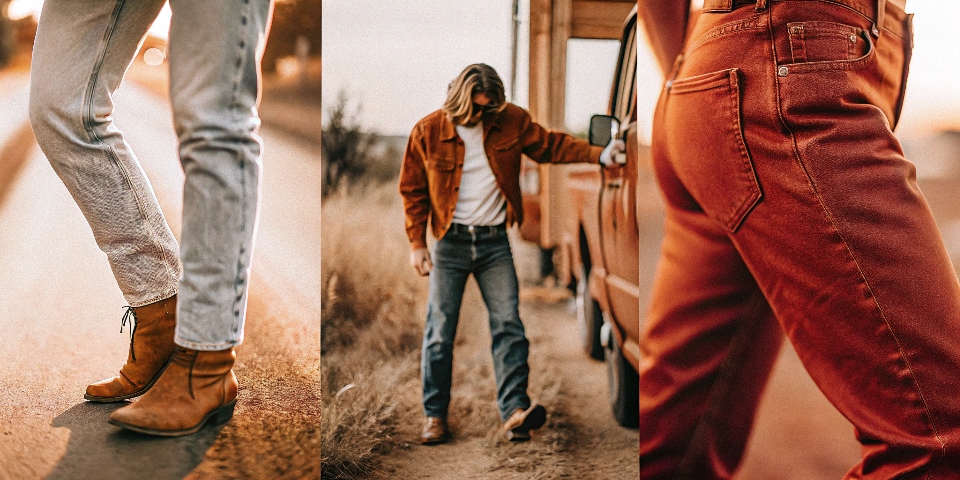 A collage of images showing jeans in different eras: a cowboy, James Dean, a hippie at Woodstock, and a modern fashion runway model.