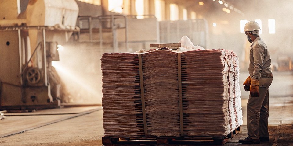 A factory worker standing next to a large pallet stacked high with finished jeans ready for shipping.