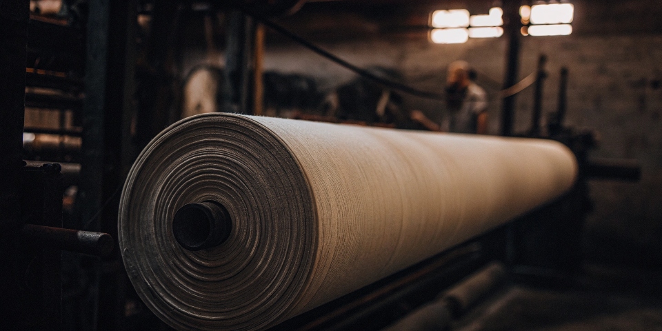 A large roll of natural, off-white 'greige' denim fabric in a factory.