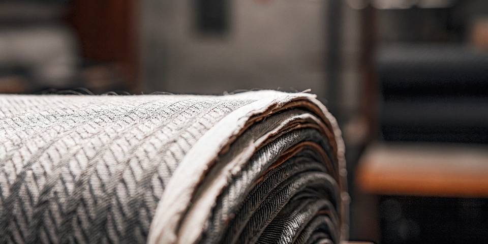 A close-up macro shot of a highly textured, slubby Japanese selvedge denim fabric.