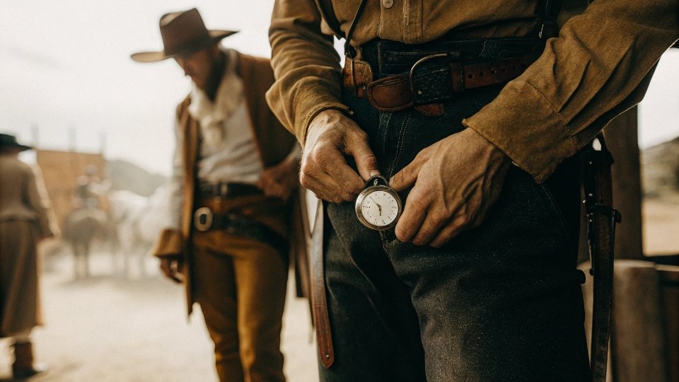 A vintage photo or illustration of a cowboy putting a pocket watch into his jeans.