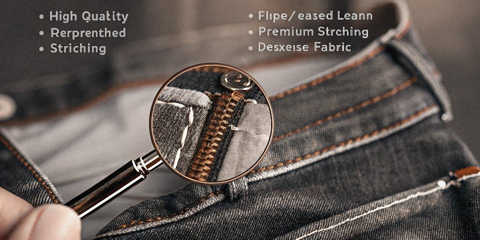 A magnifying glass hovering over the detailed hardware and stitching of a branded jean, highlighting quality.