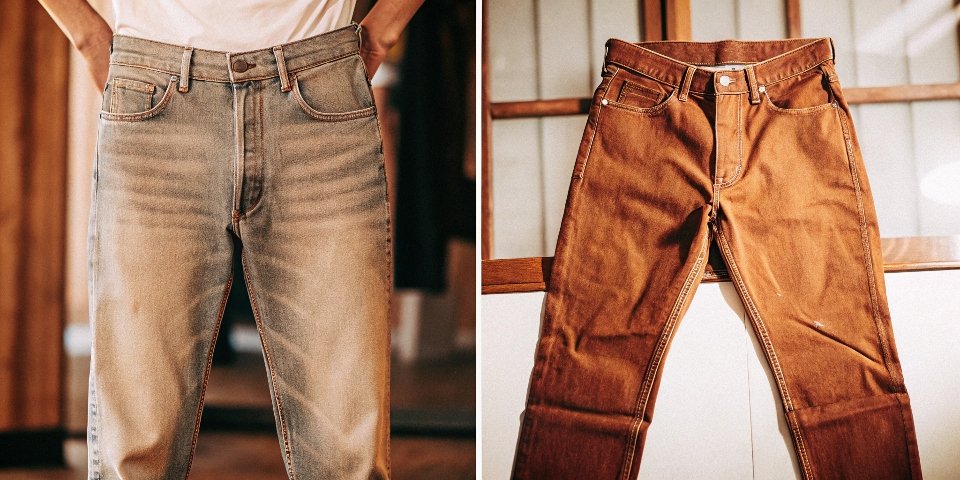 A split image showing a vintage, rugged 100% cotton jean on one side and a sleek, modern stretch jean on the other, both labeled as "Real Denim".
