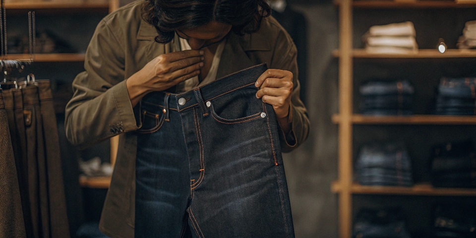 A person in a store performing the three tests: smelling the fabric, feeling the texture, and examining the stitches.