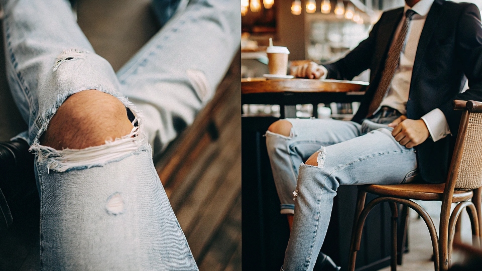 A split image showing ripped jeans in a casual cafe and a person in a formal suit.