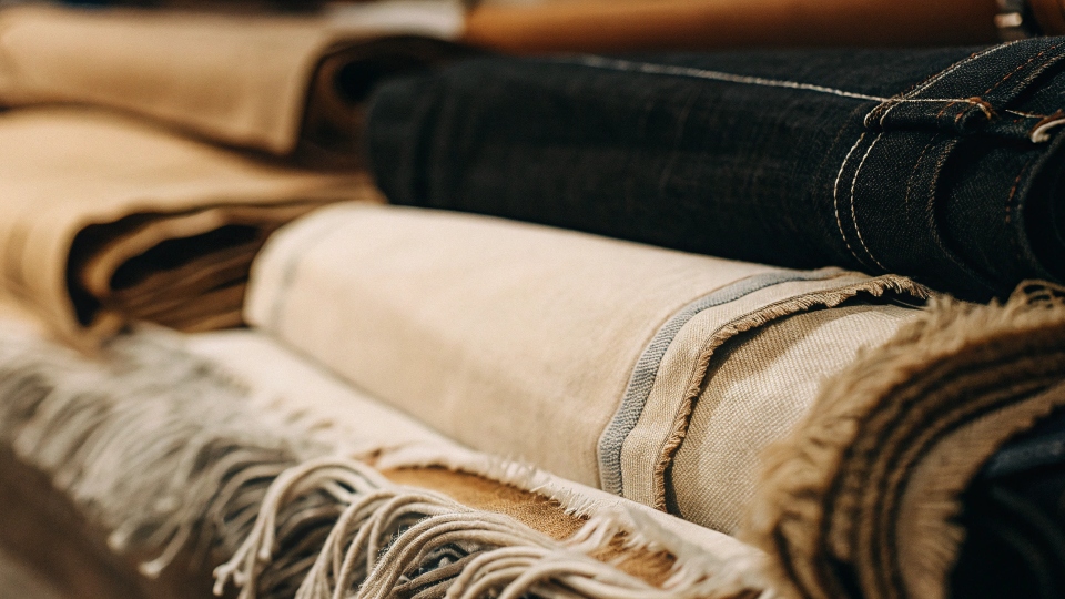 A close-up shot showing the texture of various denim fabrics, from classic rigid cotton to soft, stretchy blends.