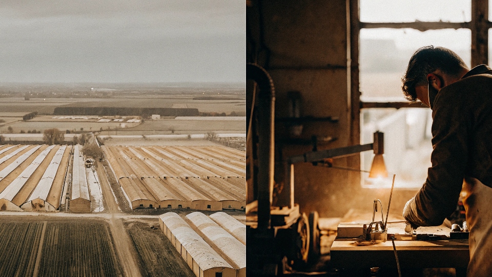 A split image showing a vast, sprawling factory complex on one side and a smaller, focused workshop on the other.