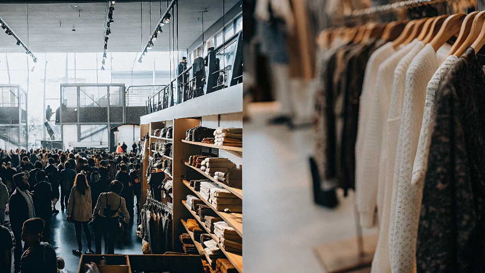 A split image showing a massive hypermarket on one side and a chic, independent clothing boutique on the other.