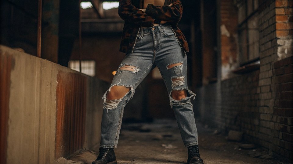 A vintage photo of a 1970s punk rocker wearing ripped jeans.