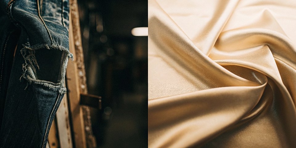 A split-screen image showing the texture of modern denim on one side and the texture of classic silk on the other.