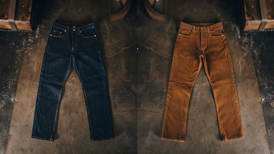 A side-by-side photo of classic blue denim jeans and a pair of brown corduroy pants cut in a jeans style.