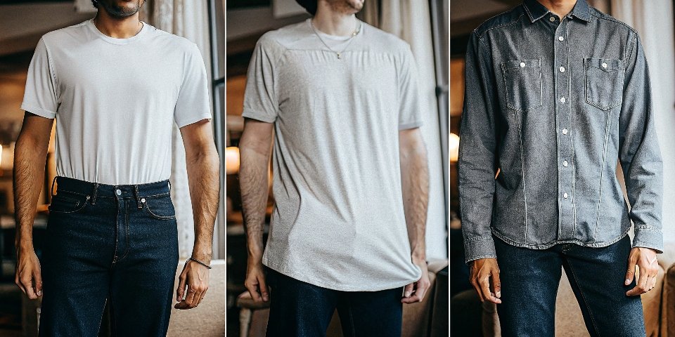 A comparison lineup of different garments: a t-shirt, a dress shirt, and a pair of jeans, showing increasing complexity.