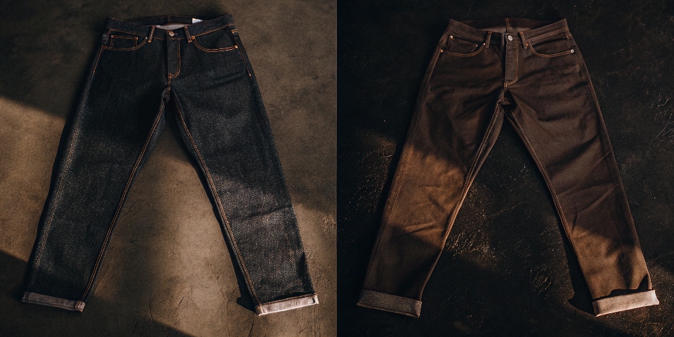 A side-by-side comparison shot showing the texture of classic 100% cotton denim and modern stretch denim.