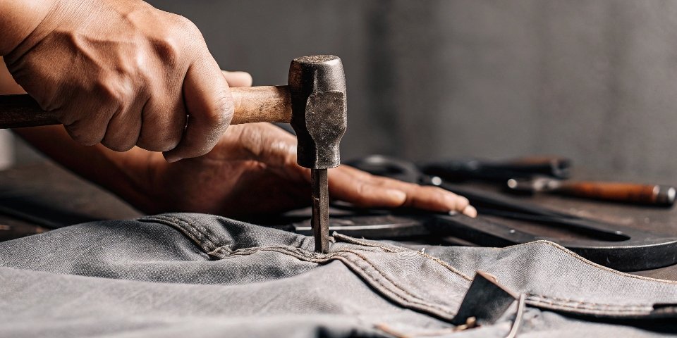 A person's hands using a small anvil and hammer to carefully set a new copper rivet onto the pocket corner of a pair of jeans.