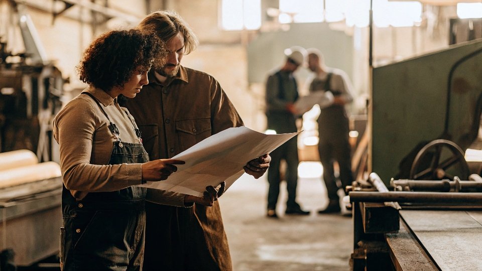 A designer and a factory manager reviewing a tech pack document inside the DiZNEW factory.