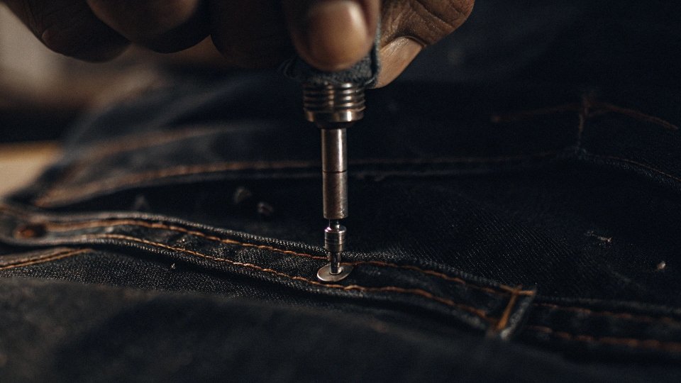 A close-up shot of a person using a small drill bit to carefully work on the flat, back side of a jean rivet.