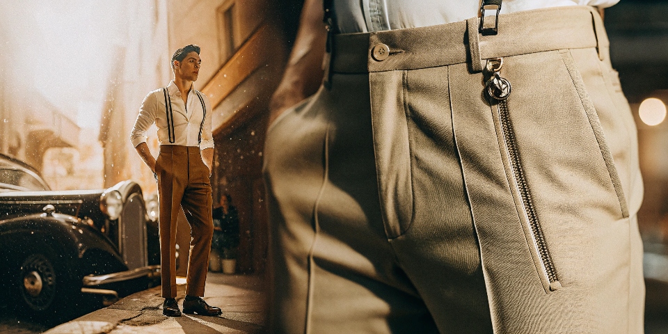 A vintage advertisement from the mid-20th century showcasing the modernity and convenience of a zipper on men's trousers.