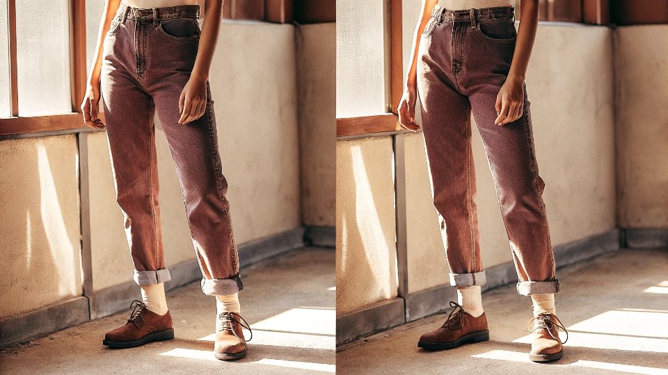 A stylish person demonstrating the perfect fit for baggy jeans: defined waist, clean "break" at the shoe, and a fitted top.