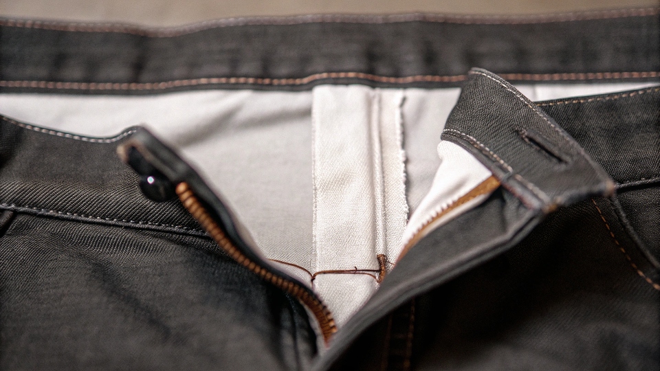 A view of the inside of a jean waistband showing a piece of elastic threaded through to cinch the back.