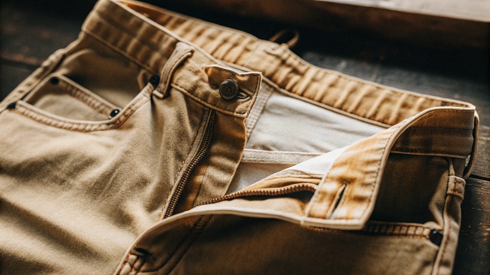 A pair of high-waisted jeans with the top waistband folded over to the inside to create the illusion of a lower rise.