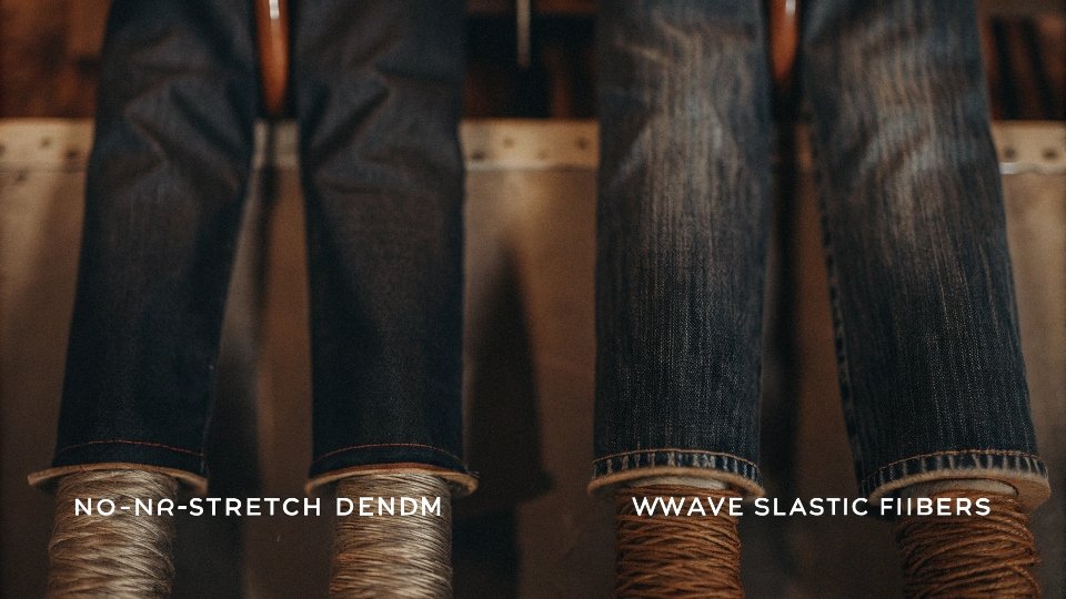 A diagram showing the simple 100% cotton weave of non-stretch denim versus a weave with added elastic fibers.