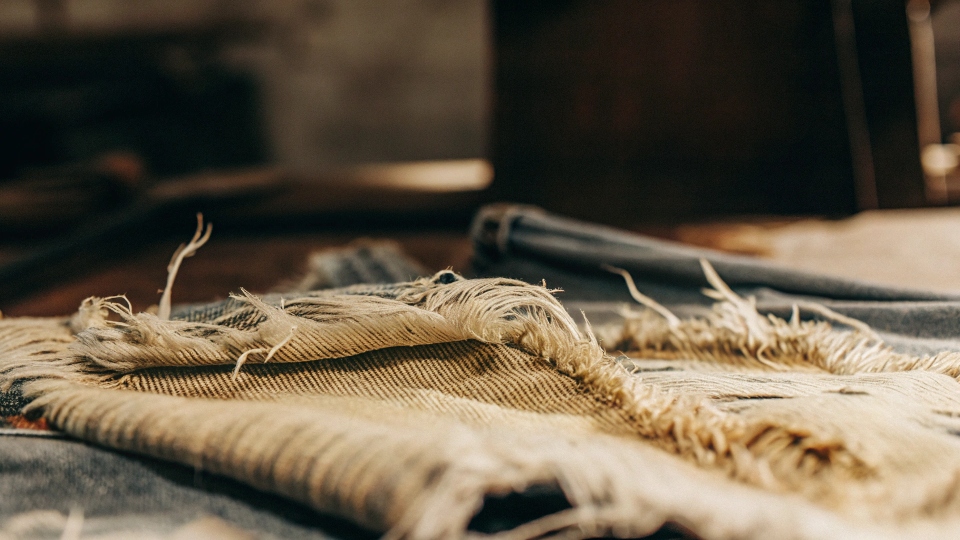 A microscopic-style image showing frayed and broken cotton fibers on a piece of worn denim.
