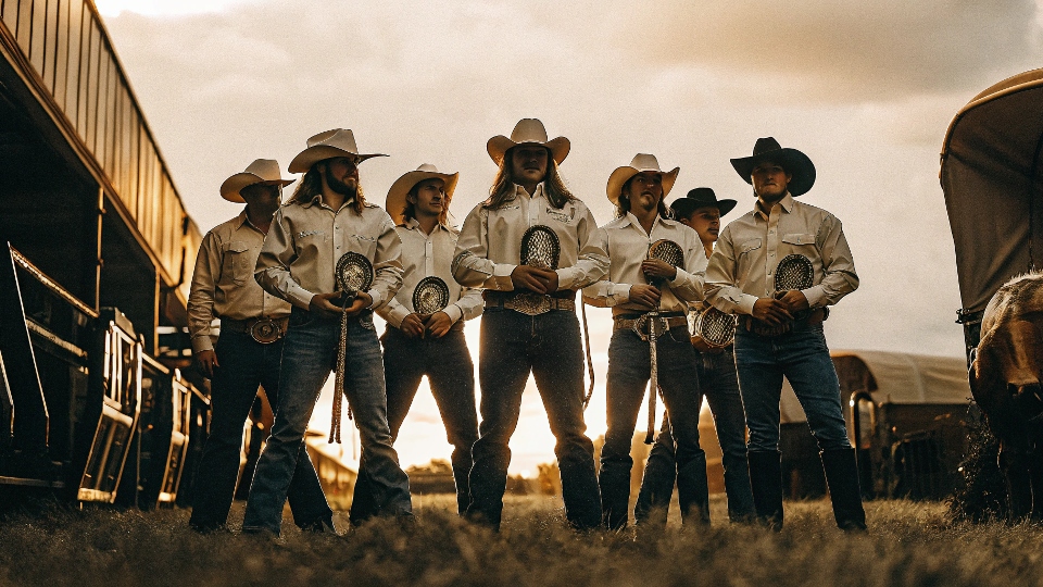 A group of professional rodeo athletes wearing Cinch shirts and jeans, posing with their championship buckles.