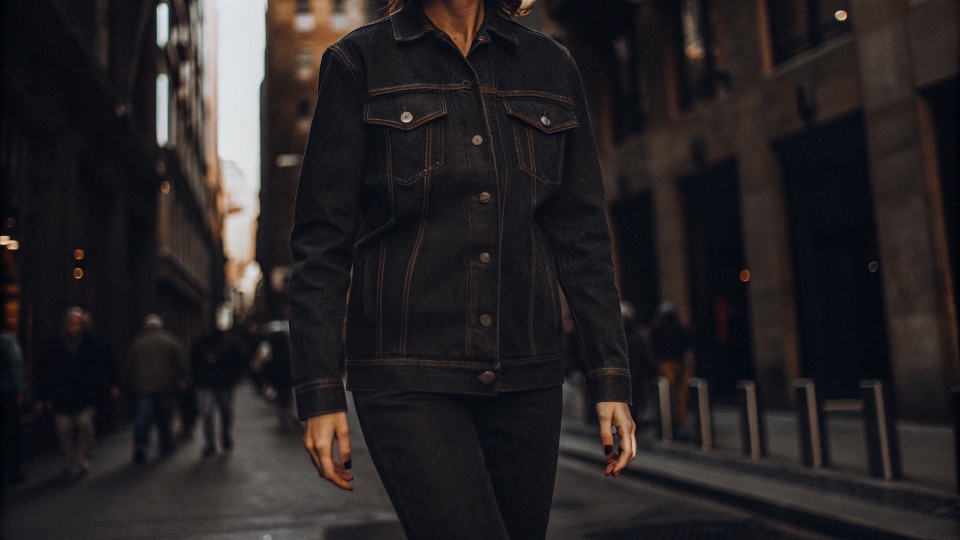 A stylish person wearing a modern, well-fitting denim jacket in a city street setting.