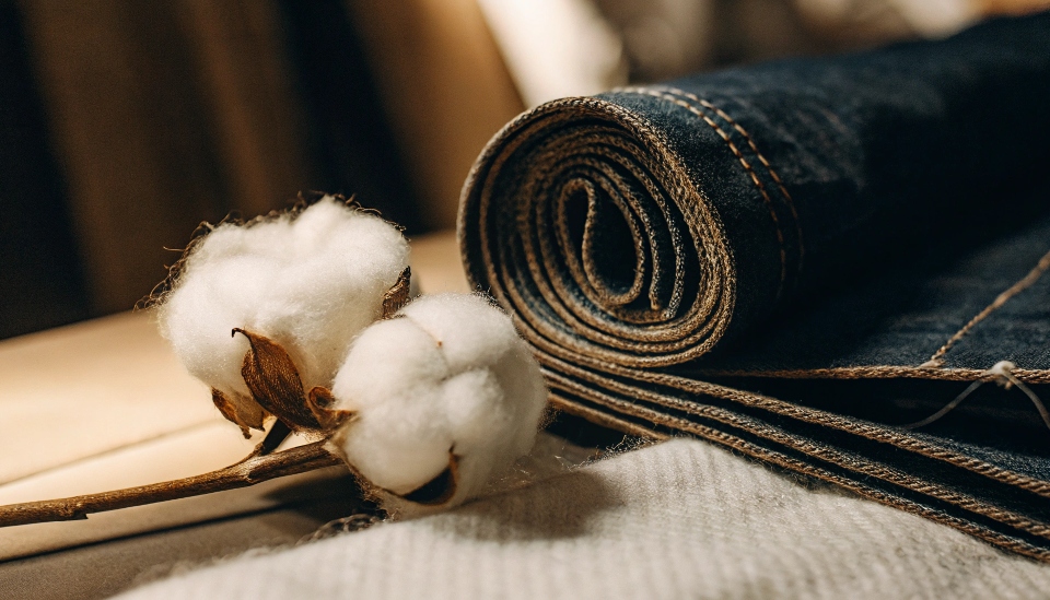 A close-up shot showing the diagonal twill weave of denim fabric, with a soft cotton boll next to it.
