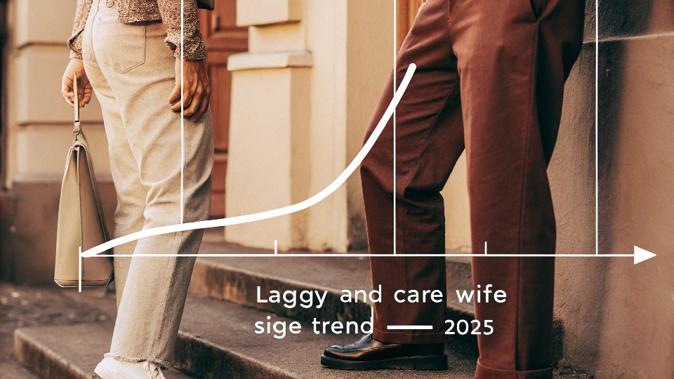 A fashion forecast graphic showing a trend curve for jean fits, with the baggy/wide-leg trend continuing to rise through 2025.
