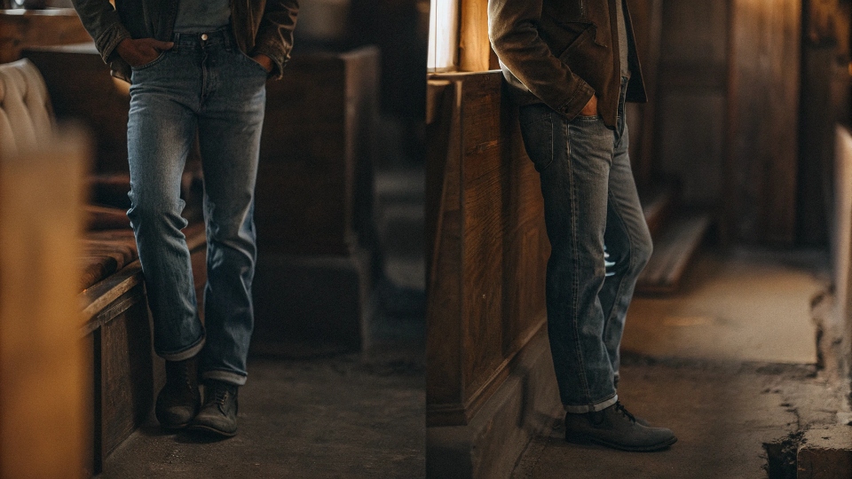 A side-by-side comparison of a person wearing tight stretch jeans versus loose 100% cotton boyfriend_jeans.