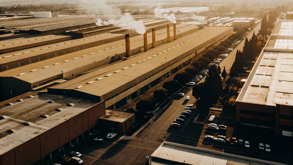 Denim Mass Production Factories An aerial view of a massive industrial park with countless factory buildings