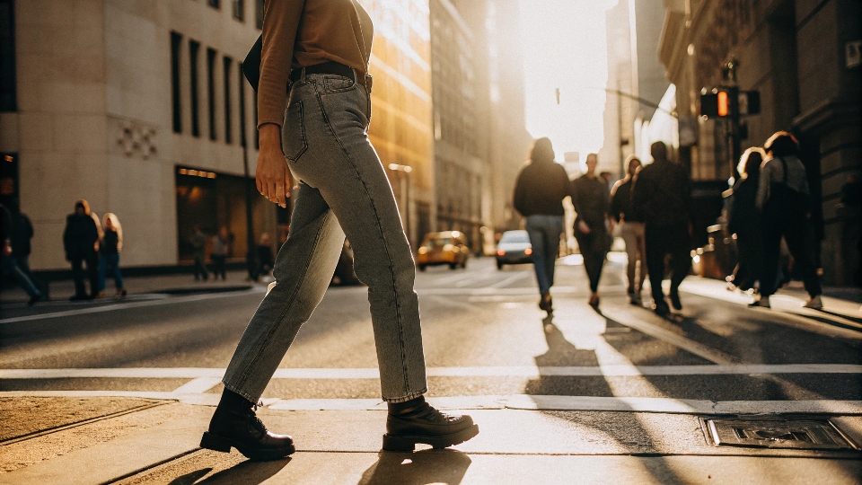 A stylish young person in modern, well-fitting baggy jeans walking down a city street.