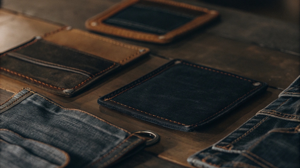 Assortment of denim crafts including coasters, a wallet, and pot holders made from old jeans.