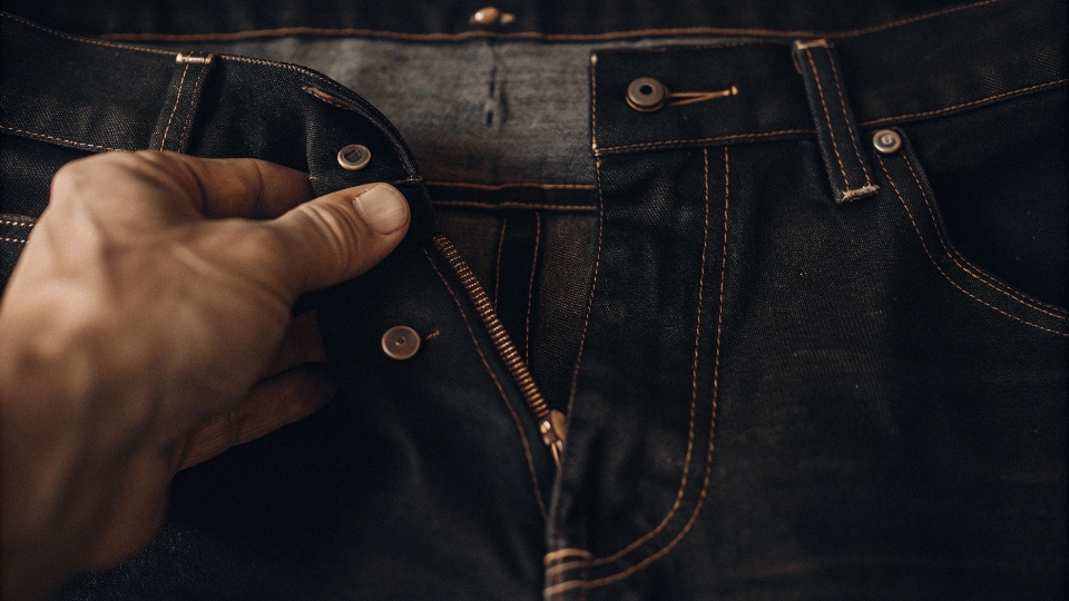 A close-up of a hand inspecting the thick stitching and metal rivets on a high-quality pair of jeans.