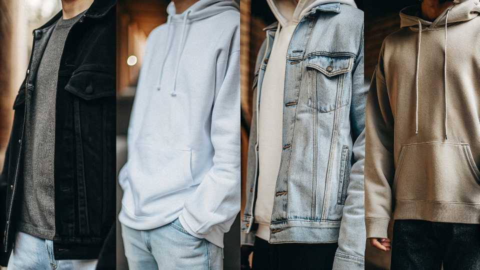 A collage of different top options that pair well with baggy jeans: a fitted tee, a hoodie, a denim jacket, and a sweater.