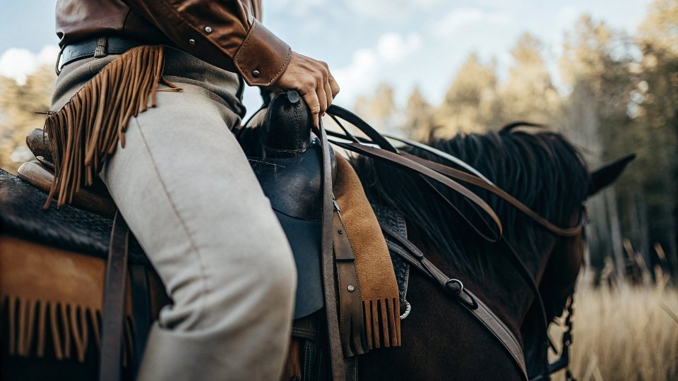 A cowboy on a horse riding through thick brush, with leather chaps clearly protecting his legs.