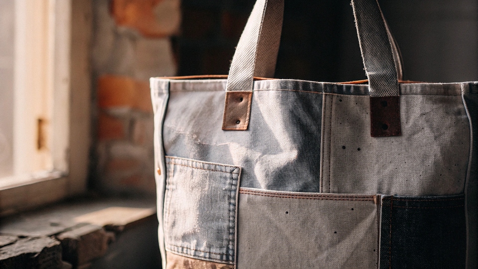 No-sew denim tote bag with visible fabric glue seams and decorative patches.
