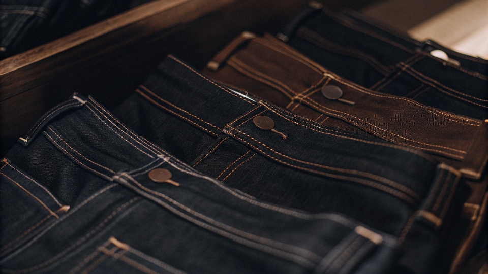 An artfully arranged display of denim from Japan, Italy, and Turkey, showing their distinct characteristics.