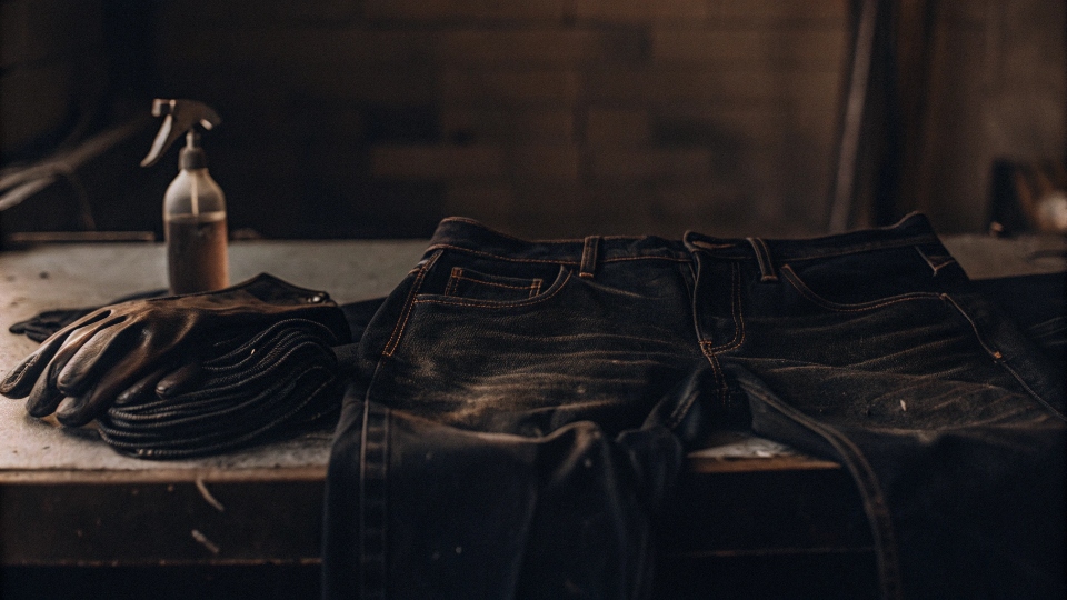 A workspace showing the materials for a DIY acid wash project: a scrunched-up pair of jeans, a spray bottle of bleach solution, rubber bands, and gloves.