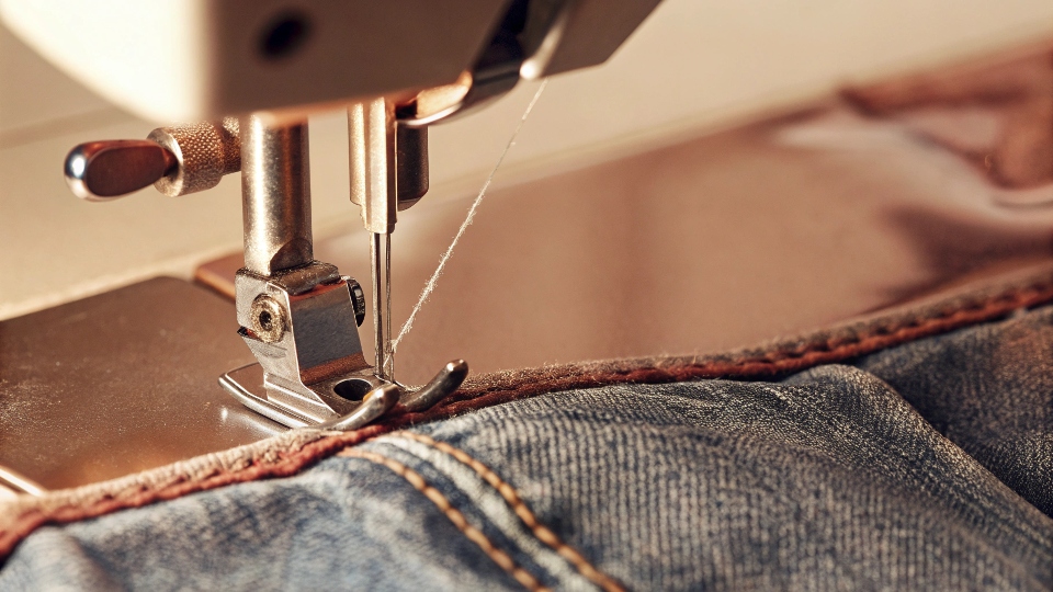 A before-and-after shot showing a pair of regular jeans transformed into skinny jeans.