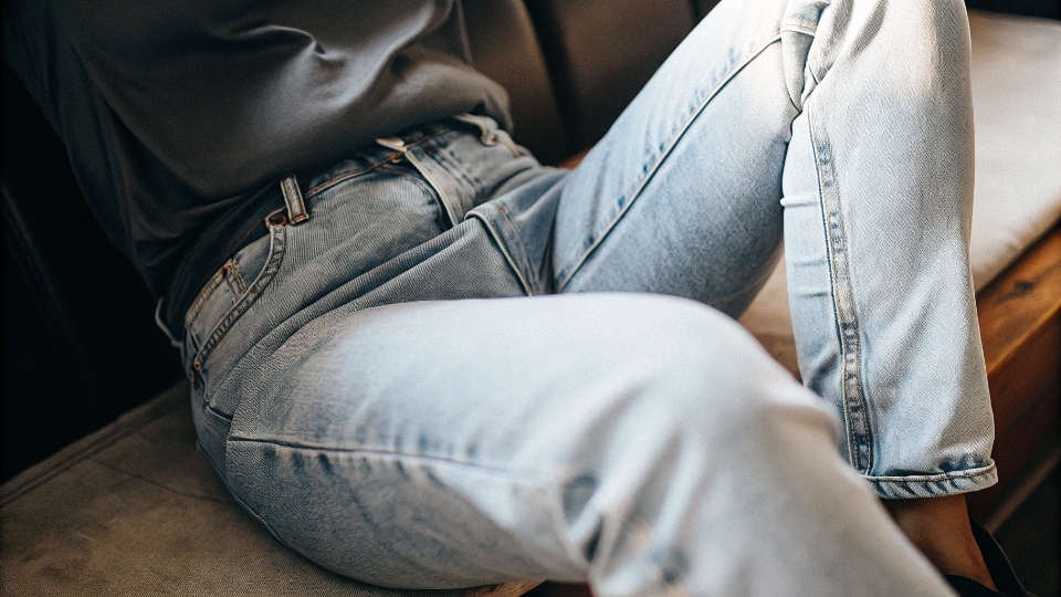 A person comfortably sitting down in a pair of well-fitting rigid denim jeans, showing there's no major restriction.