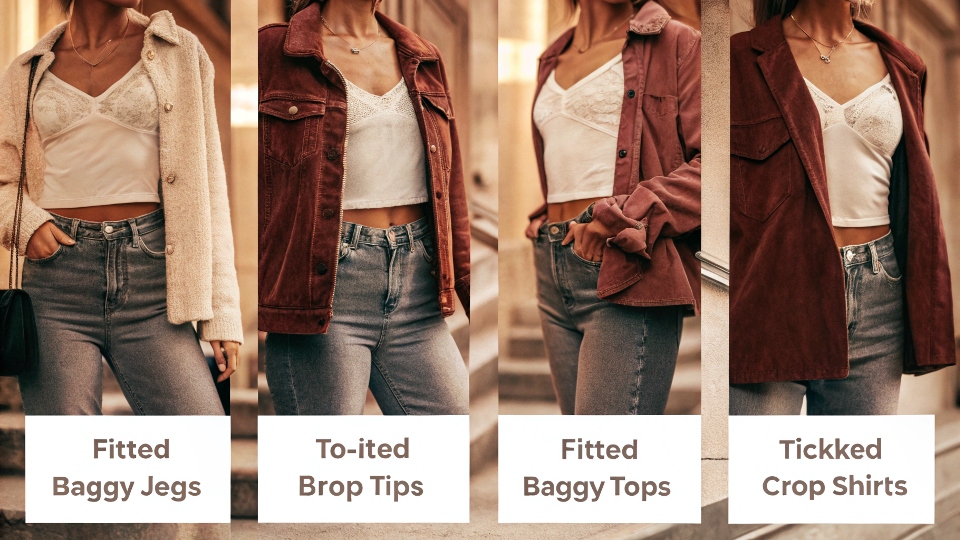 A style guide graphic showing various top options that pair well with a single pair of baggy jeans.