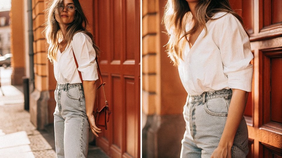 A tailored button-down and baggy jeans combo for a balanced, chic look.